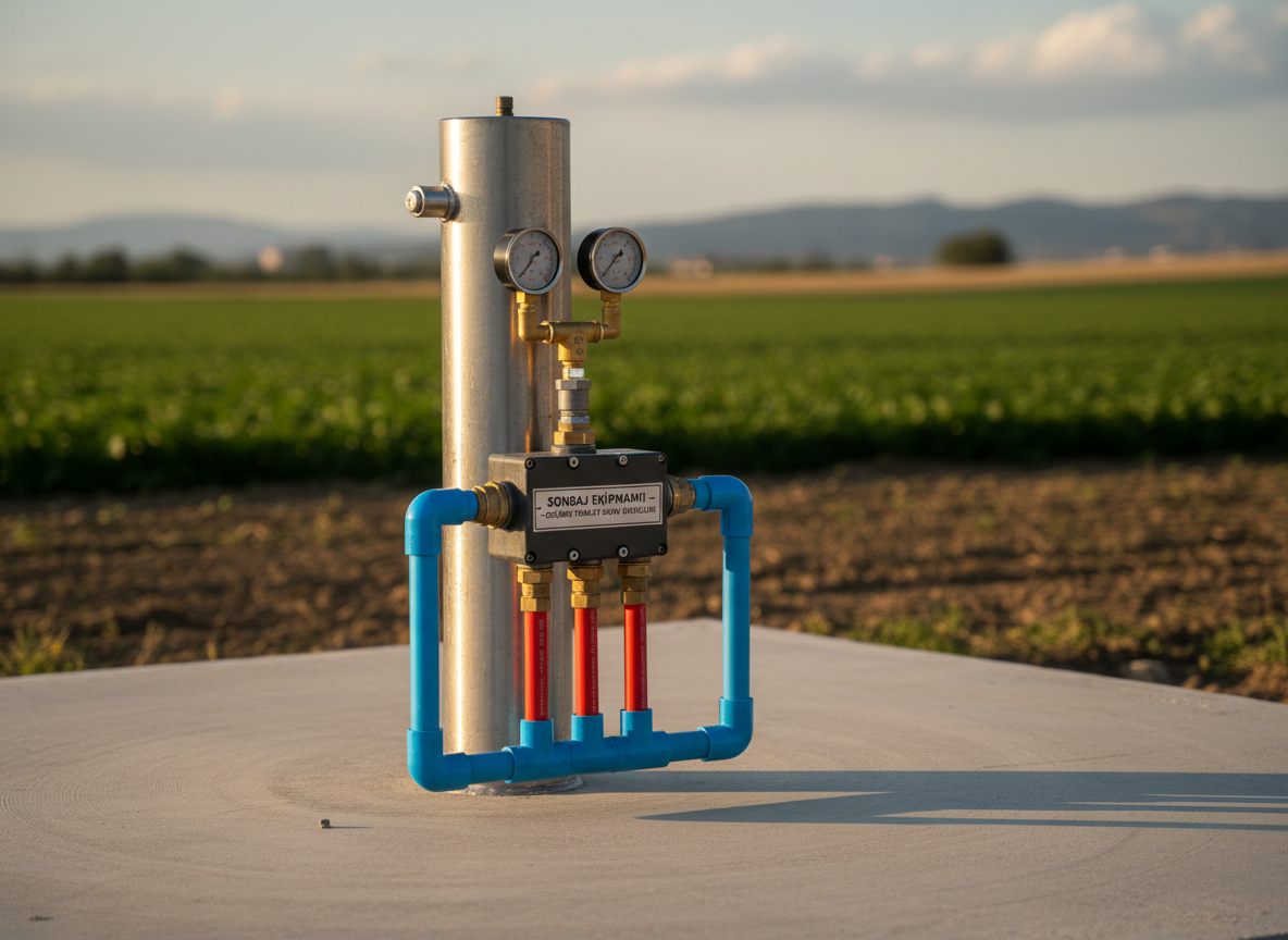 A close-up view of a pristine deep borehole head installation emerges from a smooth concrete pad, showing heavy-duty galvanized steel casing, pressure gauges, and meticulously organized blue and red PVC piping feeding into a labeled distribution manifold. The background reveals a gently blurred agricultural field and distant hills under soft late-afternoon sunlight, creating warm highlights on metal surfaces. The composition uses rule of thirds, with the borehole head prominently in the foreground and clean negative space above for potential text overlay. Photorealistic style, clean and modern mood, emphasizing precision, safety, and the advanced groundwater extraction expertise of a professional sondaj firması.