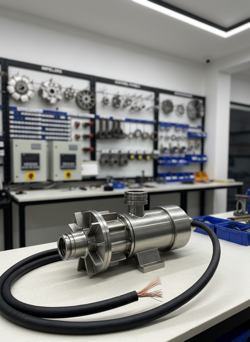 An indoor technical workshop dedicated to submersible pump service features a spotless workbench with an assembled stainless-steel submersible pump laid horizontally, its impellers, motor housing, and heavy-duty cable clearly visible. Behind it, organized wall-mounted racks hold spare pump components, seals, and control panels, all neatly labeled. Soft, bright overhead LED lighting creates minimal shadows and highlights the brushed metal surfaces and clean environment. The composition is shot at a slightly elevated angle with shallow depth of field, focusing attention on the pump while gently blurring the orderly background. The mood is precise, reliable, and modern, communicating expert dalgıç pompa maintenance and assembly services for a professional drilling firm.