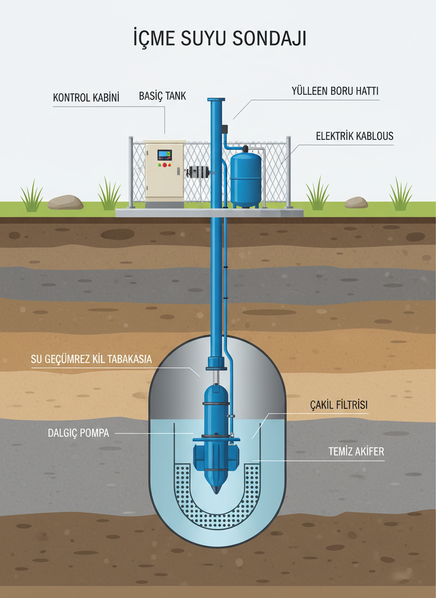 A detailed cutaway-style visualization of a deep groundwater well shows layered earth strata, a steel-cased borehole, and a blue submersible pump assembly suspended on rising main pipes, extending from the surface down to a clean aquifer. At the surface, a compact control cabinet, pressure tank, and protective fence sit on a tidy concrete slab surrounded by minimal landscaping. Neutral studio-style lighting with soft, even illumination ensures every technical detail is clearly visible without harsh shadows. The mood is educational and trustworthy, with a modern infographic-like composition, balanced and centered, ideal for explaining içme suyu sondajı and deep well technology on a professional service website.
