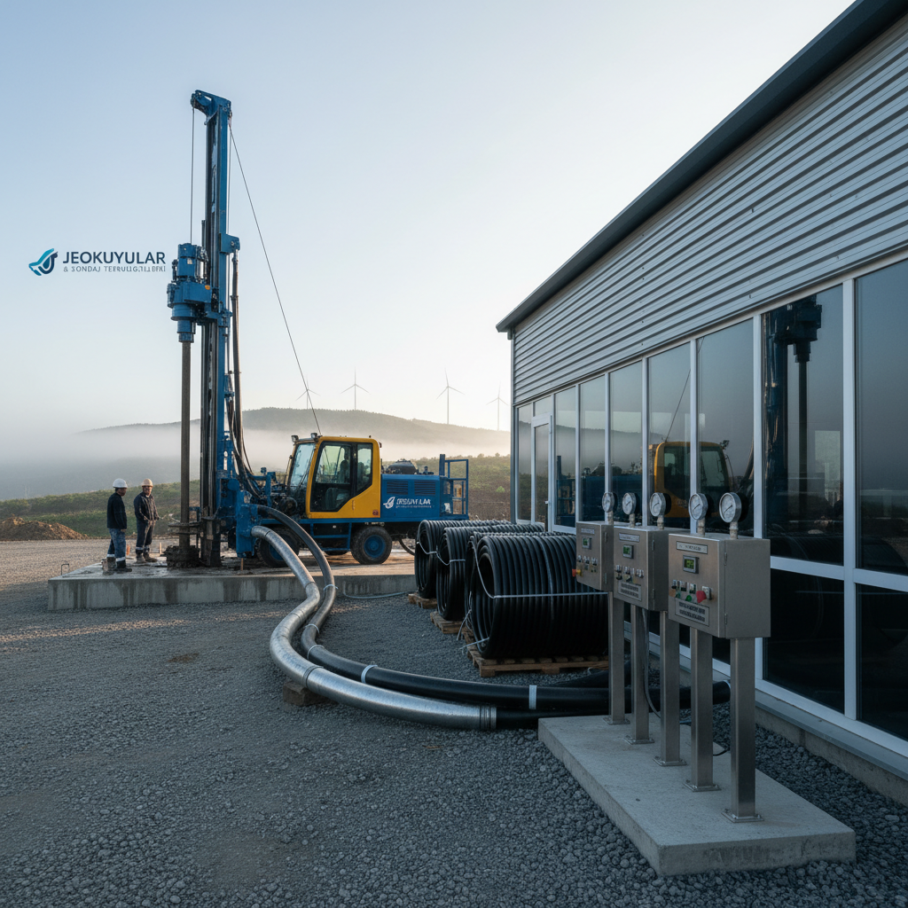 A specialized geothermal drilling scene shows a compact but powerful rig positioned on a reinforced pad beside a low-slung industrial building with visible insulated geothermal piping entering the structure. Nearby, neatly stacked coil bundles of geothermal pipe and labeled control manifolds emphasize organization and engineering precision. Cool early-morning light with a slight mist softens distant elements while keeping the equipment in crisp focus, creating a calm, high-tech atmosphere. The composition is slightly low-angle to give the rig a sense of importance, with a clean horizon and minimal clutter. Photographic realism, modern and technical, illustrating jeotermal kuyular drilling capability for an advanced sondaj and submersible pump company.