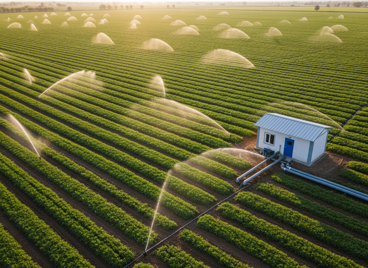 An overhead, slightly angled view of a large, lush agricultural field divided into orderly green rows, each irrigated by sprinklers connected to underground deep well systems. At the edge of the field, a small, modern pumphouse with a bright blue door and visible insulated pipes hints at submersible pump infrastructure. Golden hour sunlight bathes the scene, casting long, soft shadows and a warm glow over crops and soil. The atmosphere feels productive and sustainable, highlighting efficient tarımsal sulama supported by professional drilling services. The composition is wide and panoramic, with sharp focus throughout, rendered in clean, vivid photographic realism suitable for a website section about agricultural well and irrigation solutions.